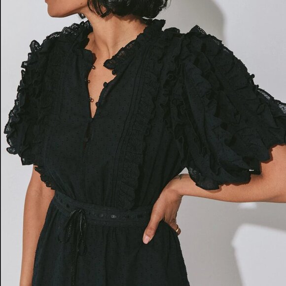 Cleobella 'Brigitte' Midi Ruffled Bubble Sleeve Tiered Dress, Black, size M - Picture 2 of 9